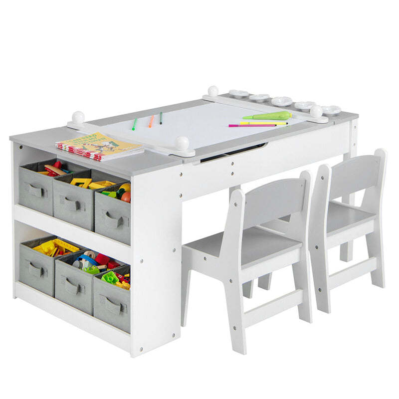 3-in-1 Kids Table & Chair Set, Wood Art Table & Easel with 2 Chairs, 6 Storage Bins, Paper Roller & Paint Cups, Toddler Crafts Table Chair Set