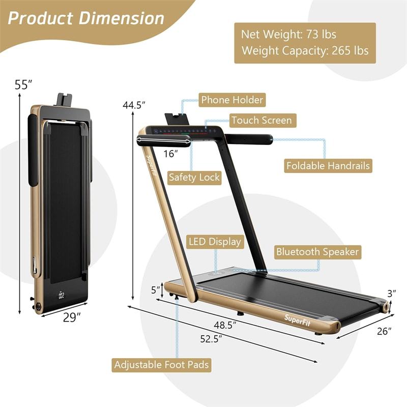 2-in-1 Under Desk Treadmill, 2.25HP SuperFit Folding Walking Jogging Machine with Dual Display, Remote & App Control, Bluetooth for Home Office