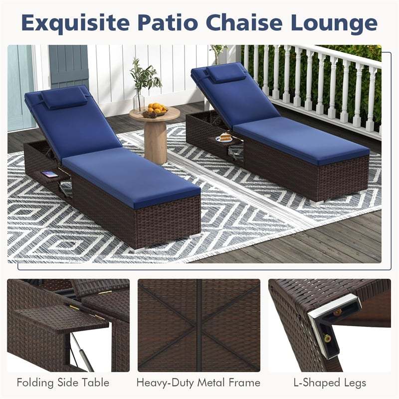 Patio Chaise Lounge Set of 2, Outdoor Rattan Lounge Chairs with 6-Level Adjustable Backrest, Cushions & Headrests, Metal Frame for Backyard