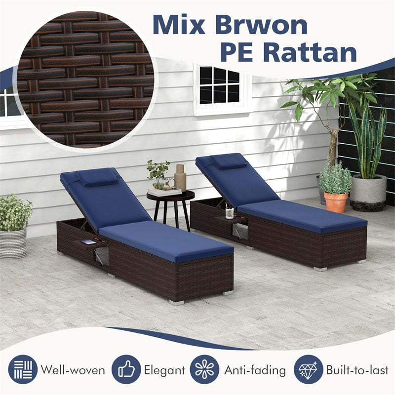 Patio Chaise Lounge Set of 2, Outdoor Rattan Lounge Chairs with 6-Level Adjustable Backrest, Cushions & Headrests, Metal Frame for Backyard
