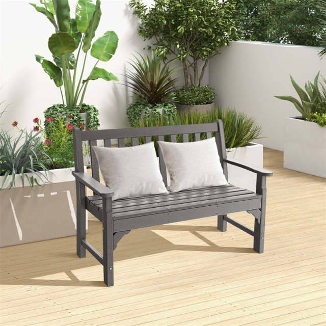 Outdoor Garden Bench All-Weather HDPE Park Bench 2-Person Patio Bench with Slatted Backrest & Armrest for Backyard Lawn