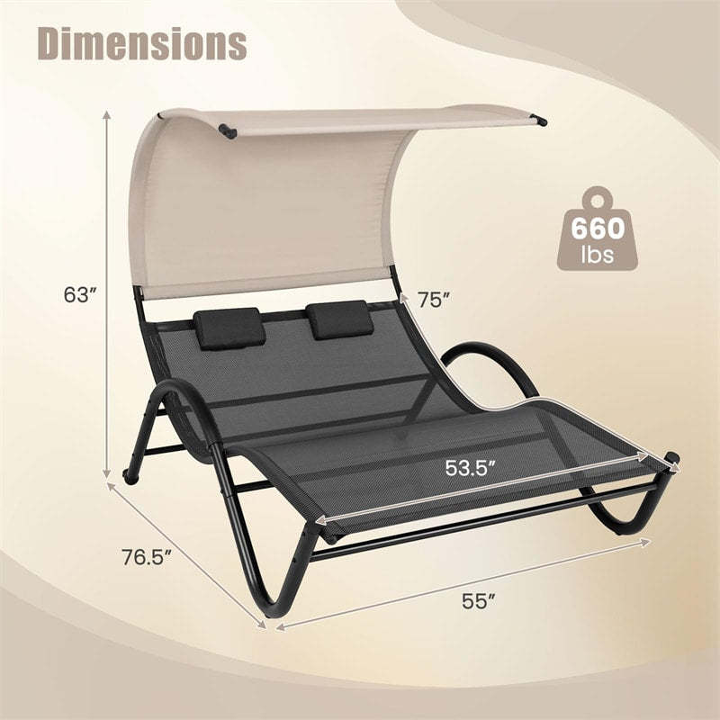 2 Person Lounge Chair with Sunshade Canopy, Large Outdoor Double Chaise Lounge Hammock Chair Sun Lounger with Removable Pillows & Wheels