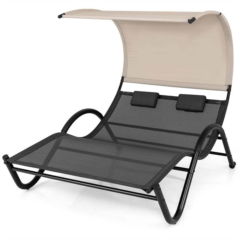 2 Person Lounge Chair with Sunshade Canopy, Large Outdoor Double Chaise Lounge Hammock Chair Sun Lounger with Removable Pillows & Wheels