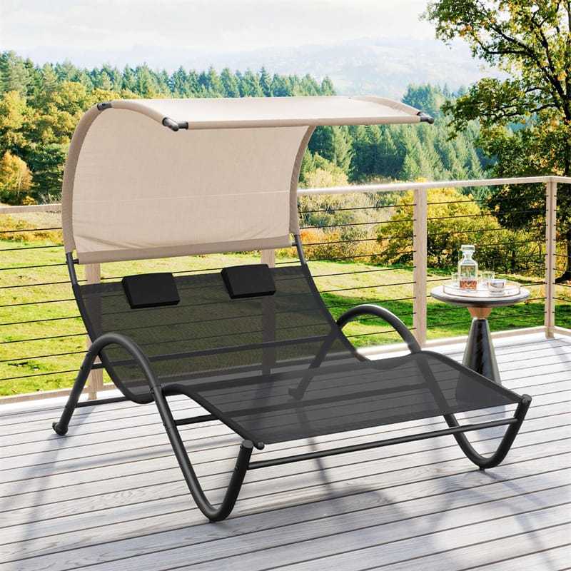 2 Person Lounge Chair with Sunshade Canopy, Large Outdoor Double Chaise Lounge Hammock Chair Sun Lounger with Removable Pillows & Wheels