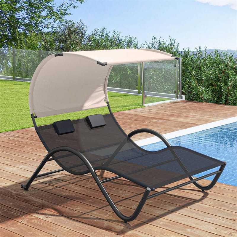 2 Person Lounge Chair with Sunshade Canopy, Large Outdoor Double Chaise Lounge Hammock Chair Sun Lounger with Removable Pillows & Wheels