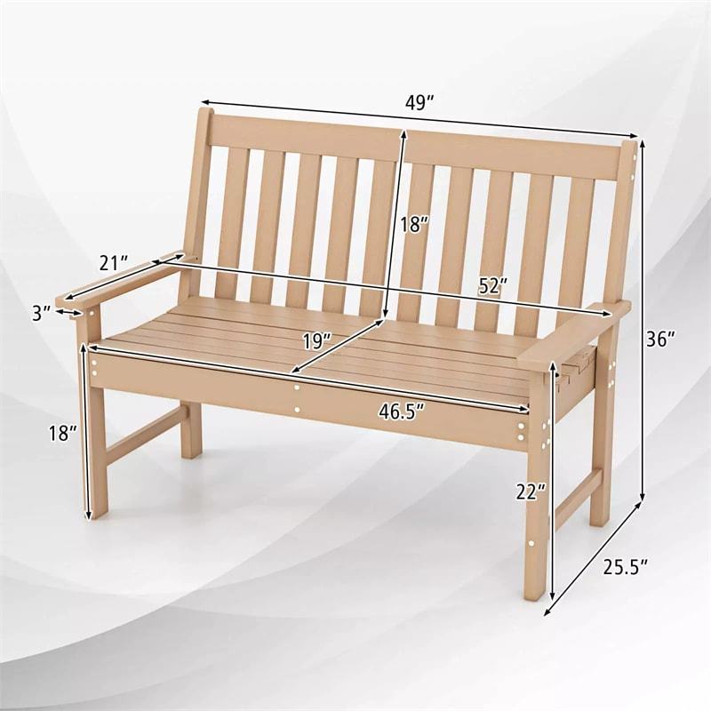 2-Person HDPE Outdoor Garden Bench, 52" All-Weather Patio Bench with Slatted Backrest & Armrests, 705lbs Capacity for Park, Backyard, Porch