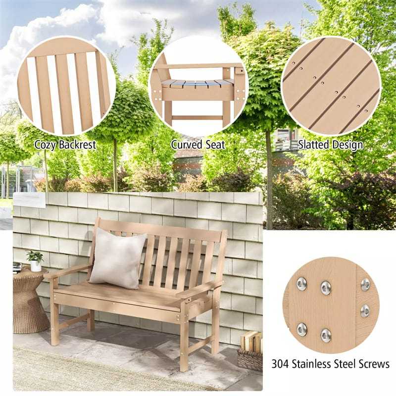 2-Person HDPE Outdoor Garden Bench, 52" All-Weather Patio Bench with Slatted Backrest & Armrests, 705lbs Capacity for Park, Backyard, Porch