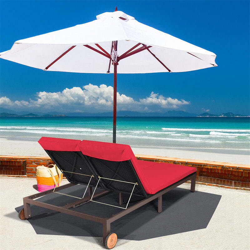 2-Person Patio Rattan Lounge Chair Outdoor Double Chaise Lounge Wicker Daybed Sun Lounger Adjustable Backrest with Cushions & Wheels