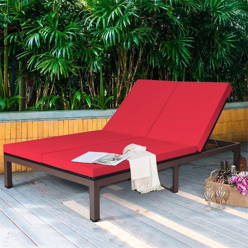 2-Person Patio Rattan Lounge Chair Outdoor Double Chaise Lounge Wicker Daybed Sun Lounger Adjustable Backrest with Cushions & Wheels