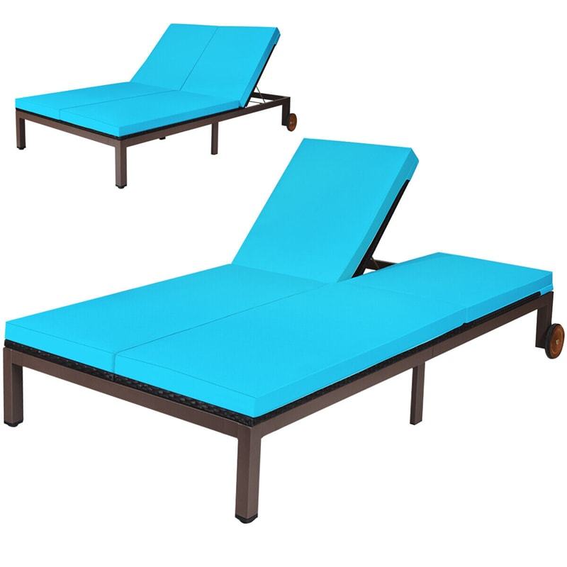 2-Person Patio Rattan Lounge Chair Outdoor Double Chaise Lounge Wicker Daybed Sun Lounger Adjustable Backrest with Cushions & Wheels