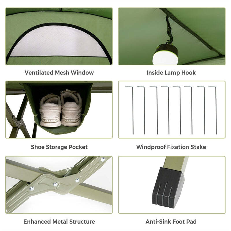 2-Person Tent Cot, 4-in-1 Folding Elevated Camping Tent with Waterproof Rainfly, Self-Inflating Mattress, Carry Bag, Portable Off Ground Tent