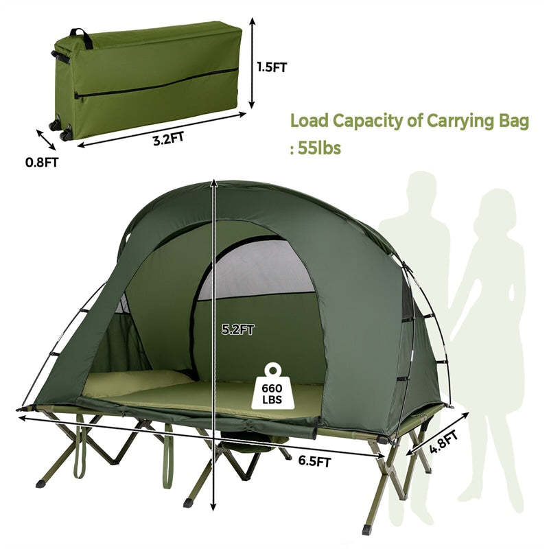 2-Person Tent Cot, 4-in-1 Folding Elevated Camping Tent with Waterproof Rainfly, Self-Inflating Mattress, Carry Bag, Portable Off Ground Tent