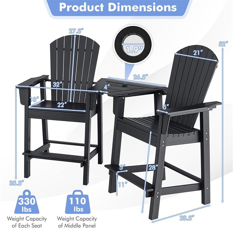 HDPE Tall Adirondack Chairs Set of 2 with Connecting Tray & Umbrella Hole, All-Weather Outdoor Counter Height Bar Stools for Patio, Backyard