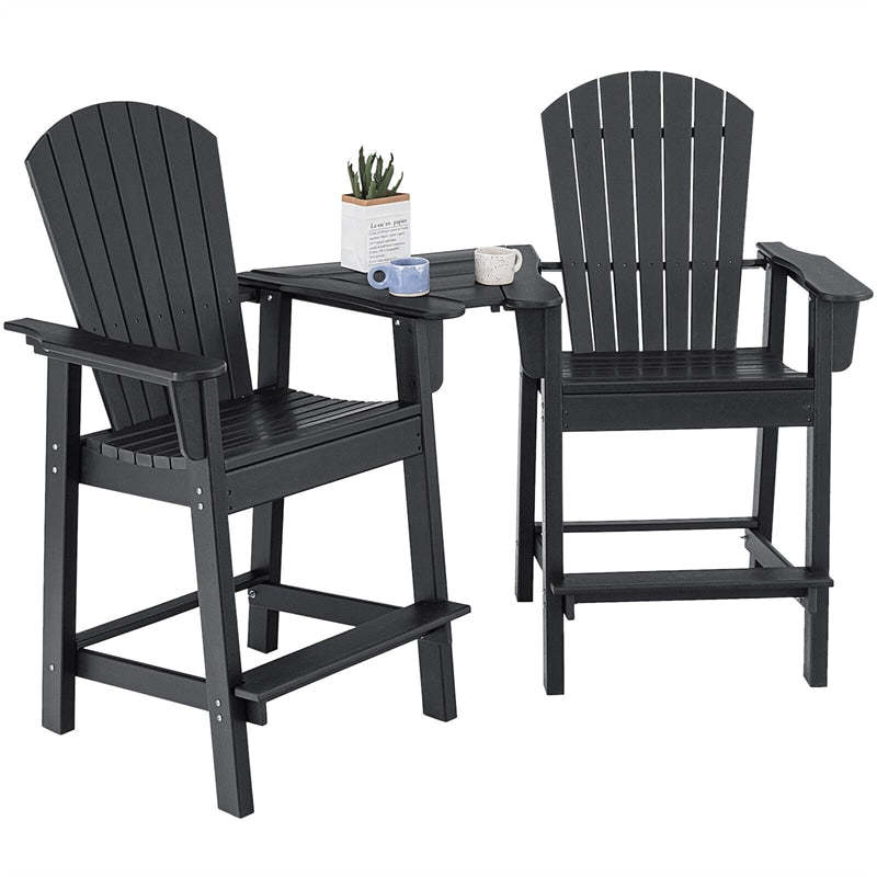 HDPE Tall Adirondack Chairs Set of 2 with Connecting Tray & Umbrella Hole, All-Weather Outdoor Counter Height Bar Stools for Patio, Backyard