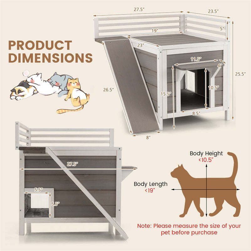 2-Story Outdoor Cat House All-Weather Wooden Feral Cat House Kitten Shelter with Escape Doors & Side Ladder