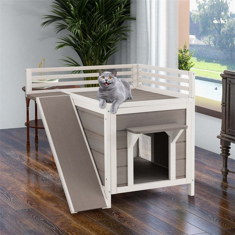 2-Story Outdoor Cat House All-Weather Wooden Feral Cat House Kitten Shelter with Escape Doors & Side Ladder
