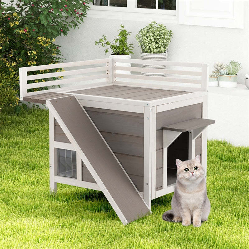 2-Story Outdoor Cat House All-Weather Wooden Feral Cat House Kitten Shelter with Escape Doors & Side Ladder