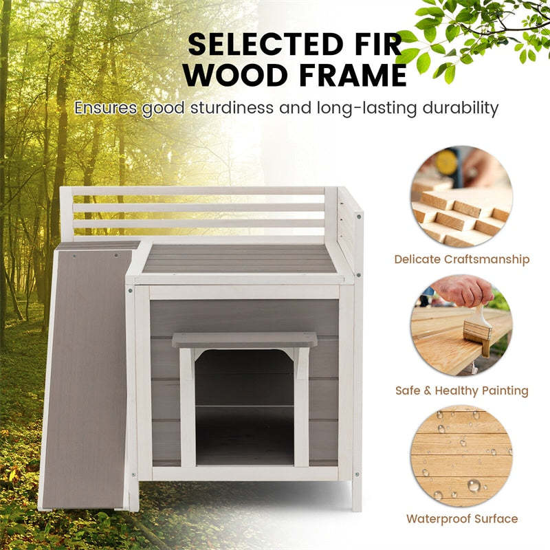 2-Story Outdoor Cat House All-Weather Wooden Feral Cat House Kitten Shelter with Escape Doors & Side Ladder
