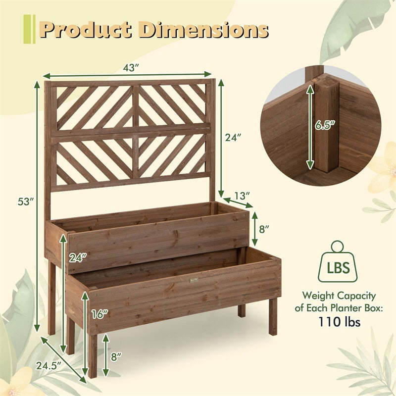2-Tier Raised Garden Bed with Trellis, Outdoor Wood Elevated Planter Box with Legs & Drainage Holes for Vegetables, Flowers, Herbs, Climbing Vines