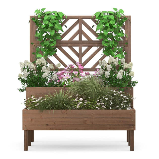 2-Tier Raised Garden Bed with Trellis, Outdoor Wood Elevated Planter Box with Legs & Drainage Holes for Vegetables, Flowers, Herbs, Climbing Vines