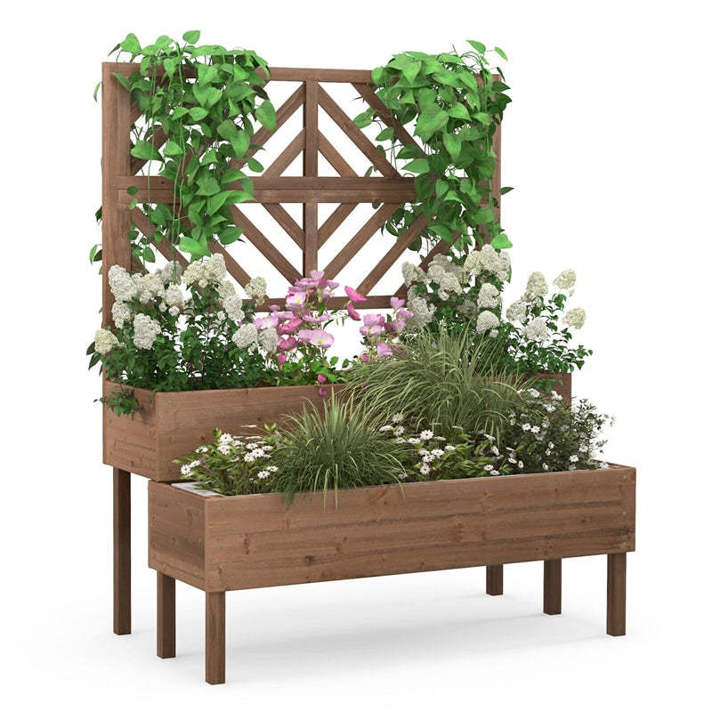 2-Tier Raised Garden Bed with Trellis, Outdoor Wood Elevated Planter Box with Legs & Drainage Holes for Vegetables, Flowers, Herbs, Climbing Vines