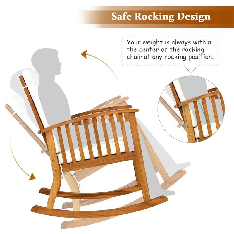 2PCS Outdoor Acacia Wood Rocking Chair Wooden Rocker for Porch Garden Patio with Detachable Back & Seat Cushions