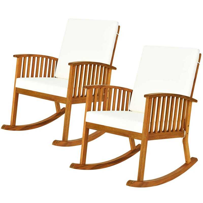 2PCS Outdoor Acacia Wood Rocking Chair Wooden Rocker for Porch Garden Patio with Detachable Back & Seat Cushions