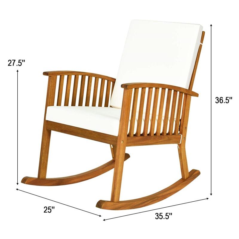 2PCS Outdoor Acacia Wood Rocking Chair Wooden Rocker for Porch Garden Patio with Detachable Back & Seat Cushions