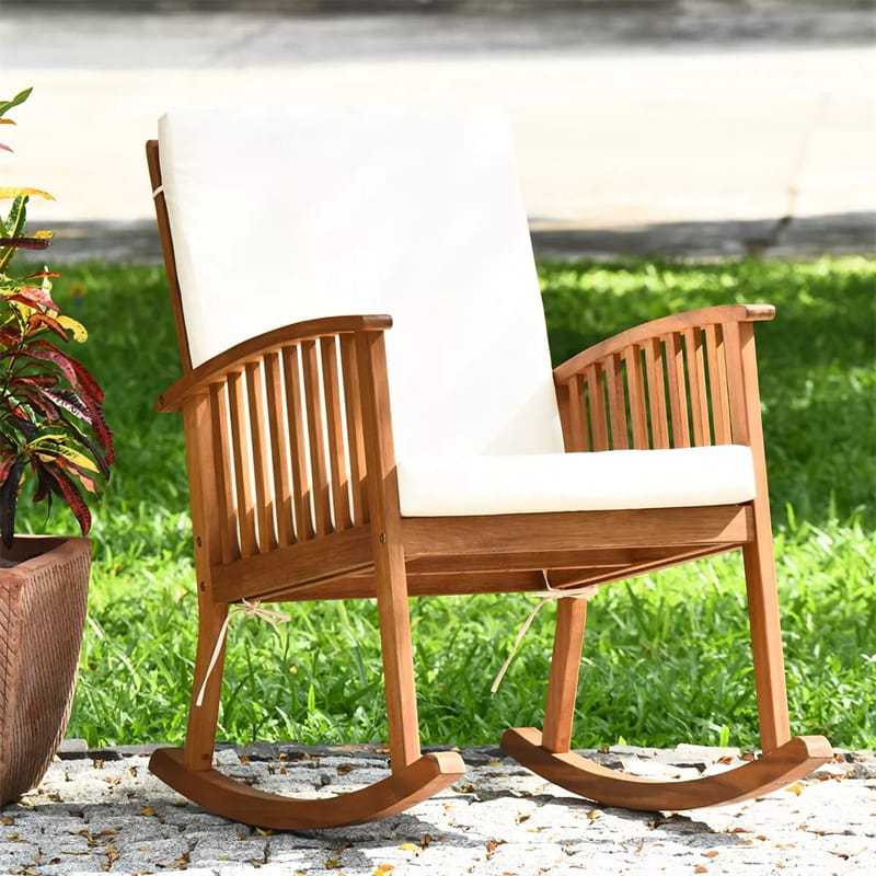 2PCS Outdoor Acacia Wood Rocking Chair Wooden Rocker for Porch Garden Patio with Detachable Back & Seat Cushions