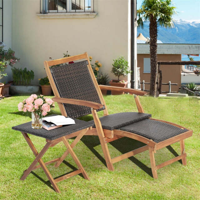 2-Piece Acacia Wood Folding Wicker Patio Lounge Chair Side Table Set with Retractable Footrest