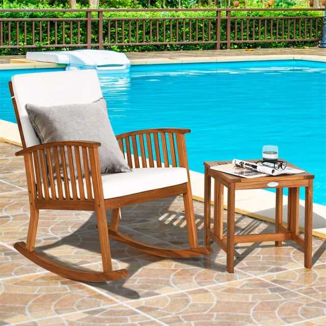 2-Piece Acacia Wood Rocking Bistro Set, Outdoor Rocking Chair with Coffee Table & Detachable Cushions for Patio, Backyard, Porch & Indoors