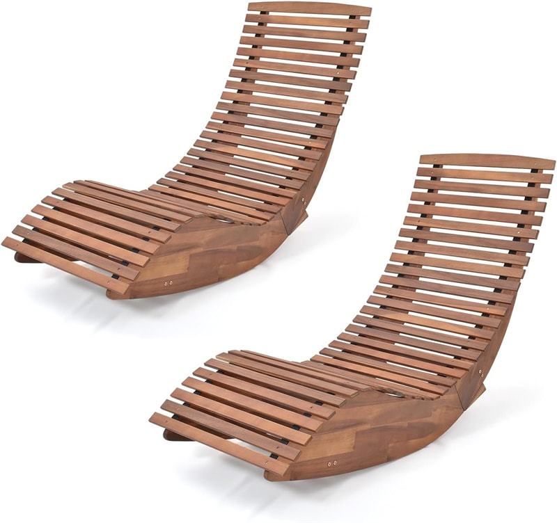 2PCS Acacia Wood Rocking Sun Lounger with Widened Slatted Seat & High Back, Outdoor Chaise Lounge Chair for Poolside, Backyard & Garden