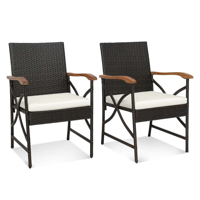 2pcs PE Rattan Patio Dining Chairs All-Weather Wicker Outdoor Armchairs with Soft Cushions, Acacia Wood Armrests & Heavy-Duty Metal Frame
