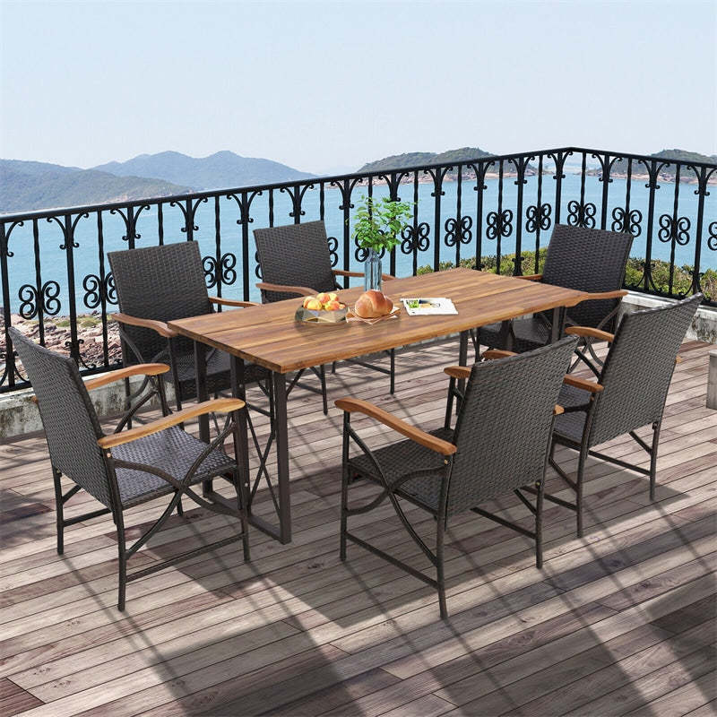 2pcs PE Rattan Patio Dining Chairs All-Weather Wicker Outdoor Armchairs with Soft Cushions, Acacia Wood Armrests & Heavy-Duty Metal Frame