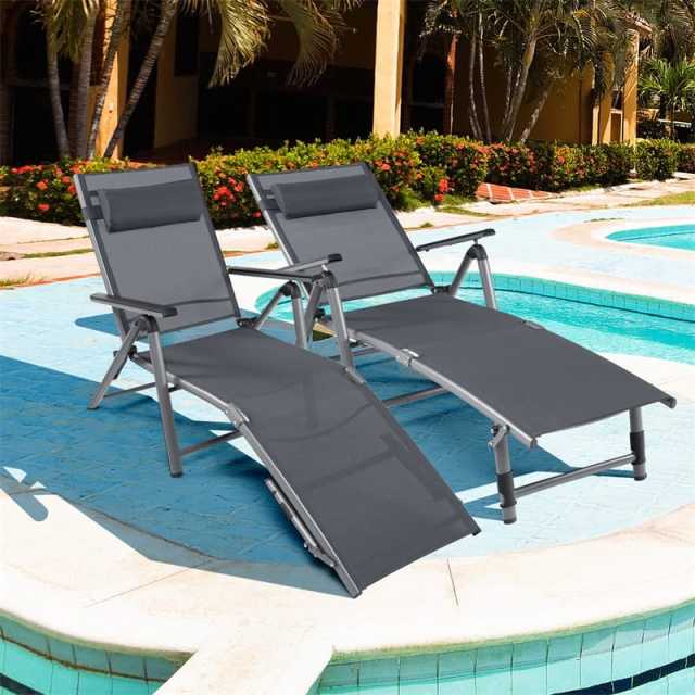 2PCS Aluminum Folding Chaise Lounge with Headrest Pillow, 8-Position Backrest & 2-Leg Adjustment, Reclining Lounge Chair for Poolside, Backyard, Beach