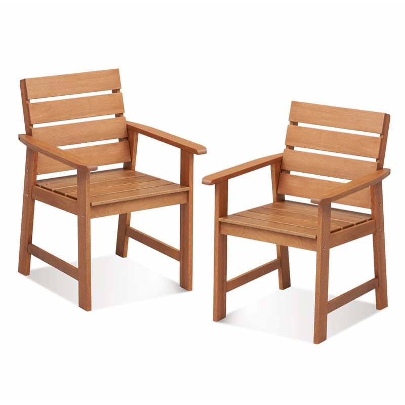 2PCS Hardwood Patio Chairs Ergonomic Outdoor Chairs Wood Dining Armchairs with Breathable Slatted Seats & Inclined Backrests