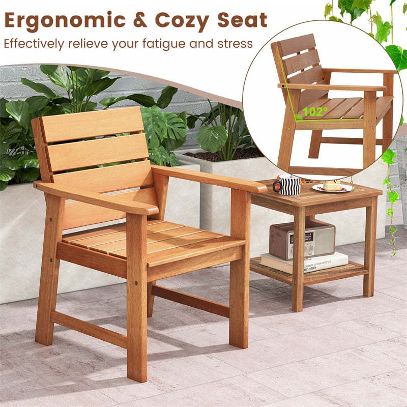 2PCS Hardwood Patio Chairs Ergonomic Outdoor Chairs Wood Dining Armchairs with Breathable Slatted Seats & Inclined Backrests