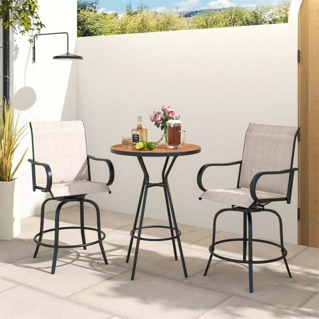 Outdoor Swivel Bar Stools Set of 2, All-Weather Steel Frame Bar Height Patio Chairs with Curved Armrests, High Back & Cozy Footrest
