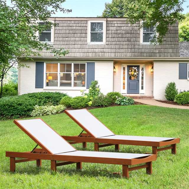 2PCS Outdoor Eucalyptus Wood Chaise Lounge with 5-Position Adjustable Backrest & Quick-Dry Fabric, Reclining Patio Lounge Chair for Poolside, Backyard
