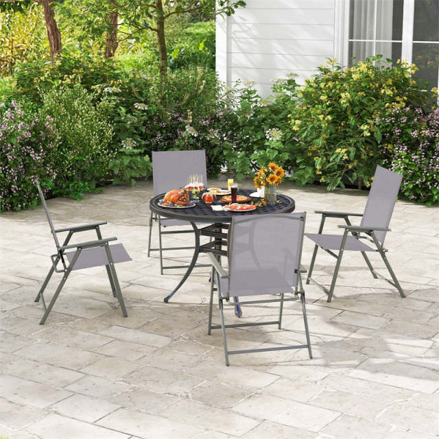 2PCS Outdoor Folding Chairs Weather-Resistant High Back Patio Dining Chairs Metal Frame Portable Chairs with Armrests & Footrest
