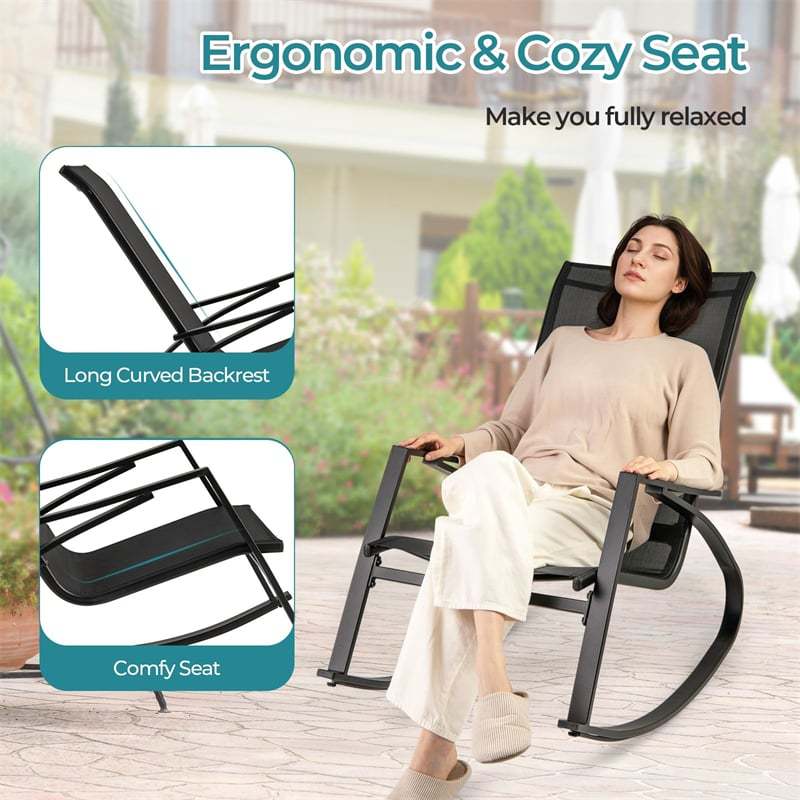 2PCS Outdoor Rocking Chairs, Patio Sling Fabric Rocker with Ergonomic Backrest & Seat, Safe Stoppers & Metal Frame for Backyard, Front Porch