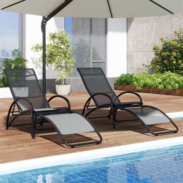 2PCS 2-in-1 Outdoor Rocking Chairs, Convertible Lounge Chairs with 4-Position Adjustable Backrest, Curved Armrest, Aluminum Frame for Poolside, Porch