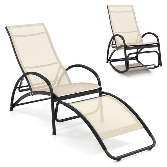 2PCS 2-in-1 Outdoor Rocking Chairs, Convertible Lounge Chairs with 4-Position Adjustable Backrest, Curved Armrest, Aluminum Frame for Poolside, Porch