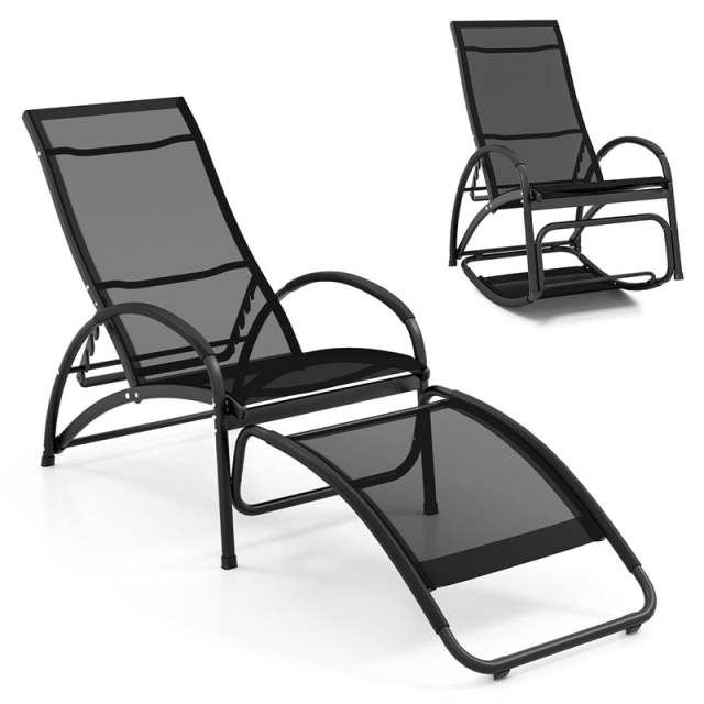 2PCS 2-in-1 Outdoor Rocking Chairs, Convertible Lounge Chairs with 4-Position Adjustable Backrest, Curved Armrest, Aluminum Frame for Poolside, Porch