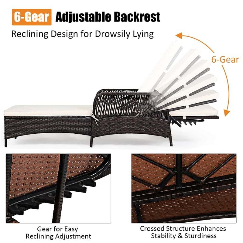 2PCS Rattan Outdoor Chaise Lounge Chairs w/ 6-Gear Adjustable Backrest, Removable Cushions, Pillow, Patio Sun Lounger for Poolside, Balcony