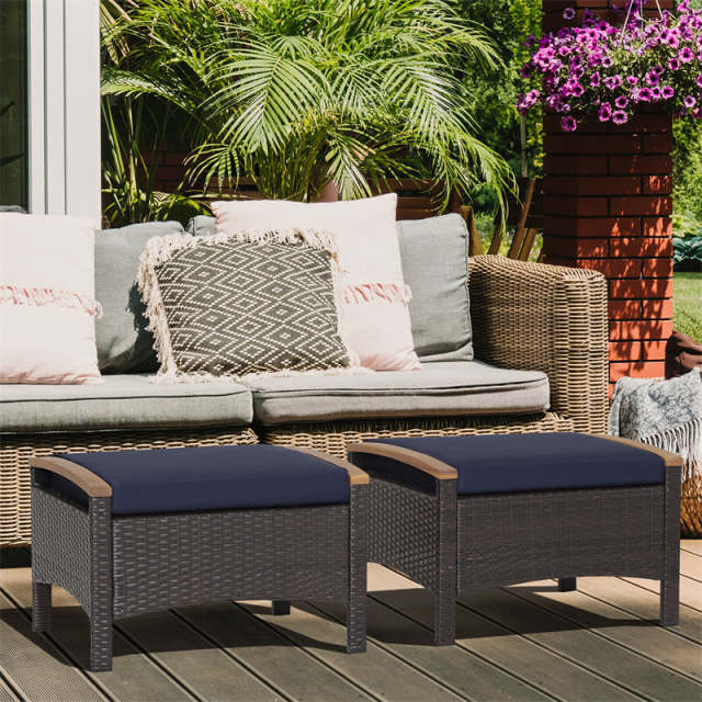 2PCS Patio PE Rattan Ottomans w/ Acacia Wood Handle & Removable Cushion, 3-in-1 Wicker Outdoor Footrest Seat & Side Table for Poolside, Backyard
