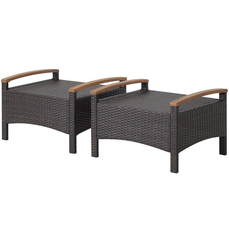 2PCS Patio PE Rattan Ottomans w/ Acacia Wood Handle & Removable Cushion, 3-in-1 Wicker Outdoor Footrest Seat & Side Table for Poolside, Backyard