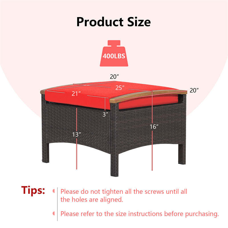 2PCS Patio PE Rattan Ottomans w/ Acacia Wood Handle & Removable Cushion, 3-in-1 Wicker Outdoor Footrest Seat & Side Table for Poolside, Backyard