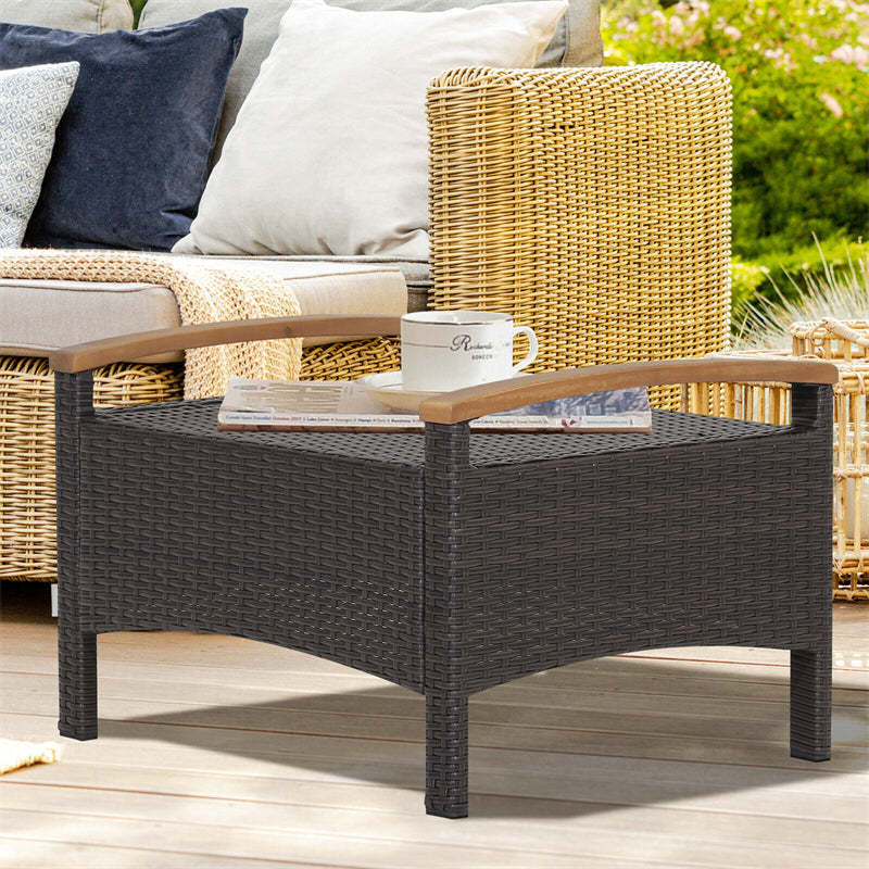 2PCS Patio PE Rattan Ottomans w/ Acacia Wood Handle & Removable Cushion, 3-in-1 Wicker Outdoor Footrest Seat & Side Table for Poolside, Backyard