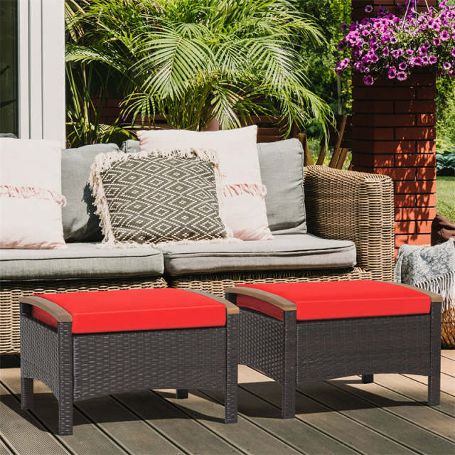 2PCS Patio PE Rattan Ottomans w/ Acacia Wood Handle & Removable Cushion, 3-in-1 Wicker Outdoor Footrest Seat & Side Table for Poolside, Backyard